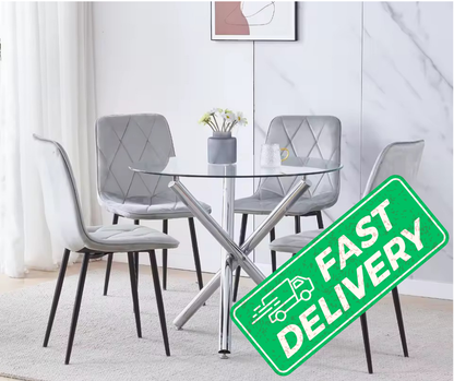 BonChoice 5Pcs Round Glass Dining Table with 4 Velvet Padded Chairs