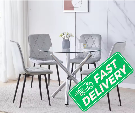 BonChoice 5Pcs Round Glass Dining Table with 4 Velvet Padded Chairs