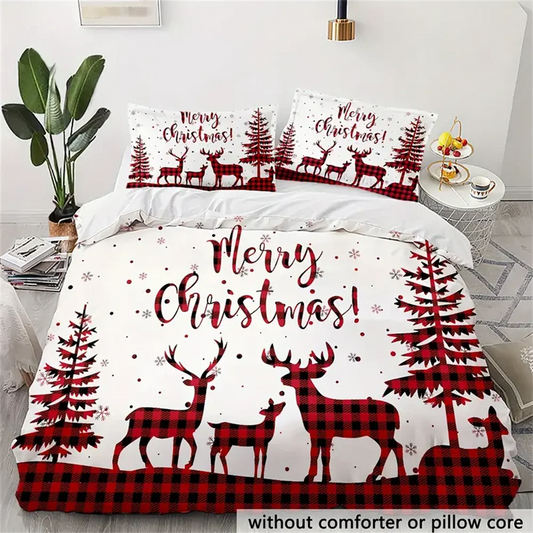 Merry Christmas Plaid Reindeer Duvet Cover 3 Pcs Set