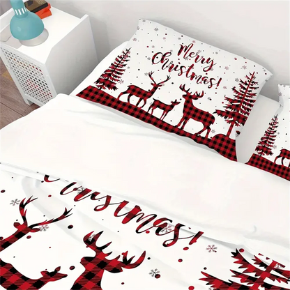 Merry Christmas Plaid Reindeer Duvet Cover 3 Pcs Set