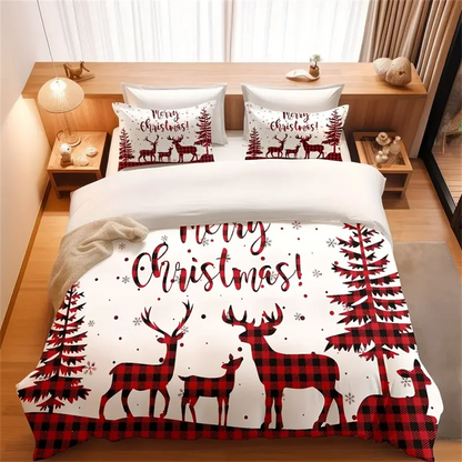 Merry Christmas Plaid Reindeer Duvet Cover 3 Pcs Set