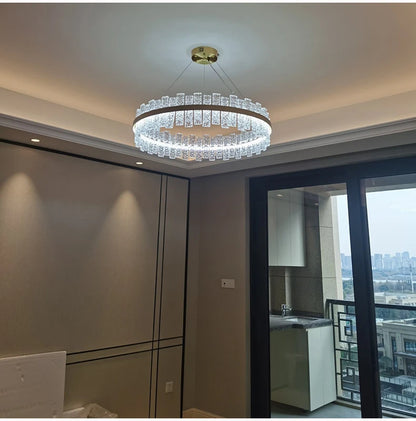 Chandelier hanging from the ceiling in a modern interior setting.