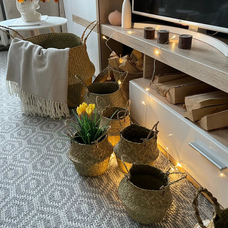 Decorative setup with woven planters and yellow flowers in a living room.