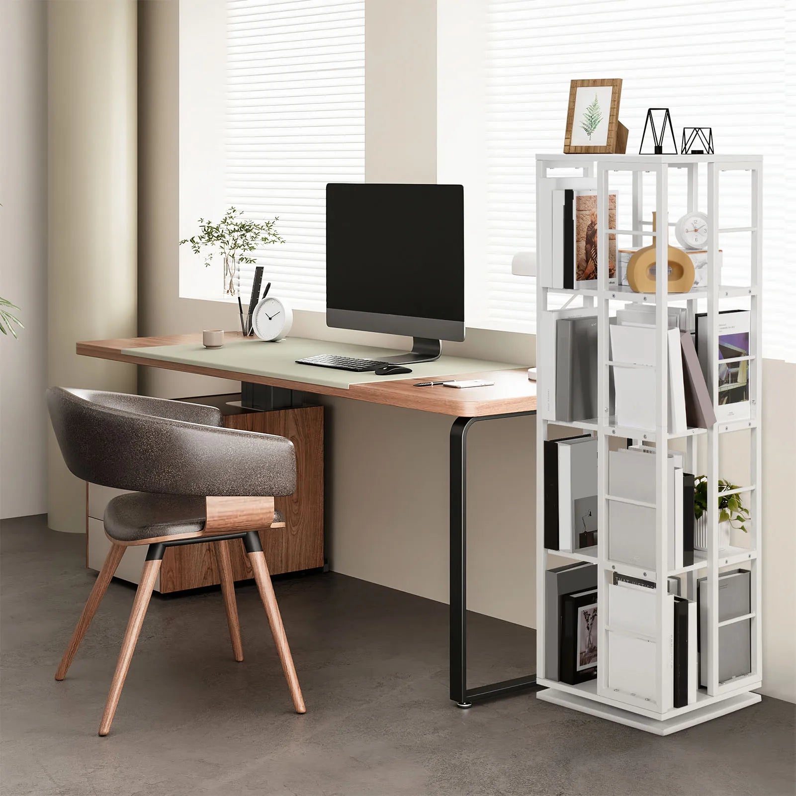 Modern home office with a desk, chair, and bookshelf.