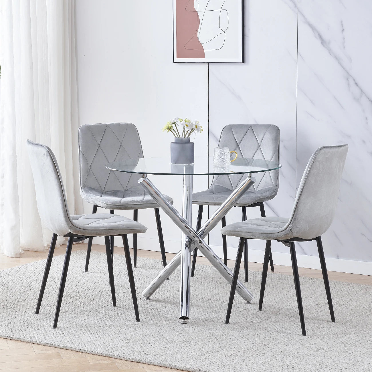 BonChoice 5Pcs Round Glass Dining Table with 4 Velvet Padded Chairs