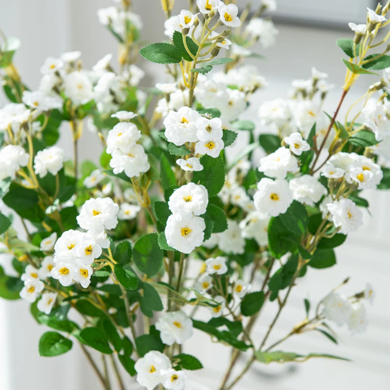 White flowers with green leaves on a blurred background