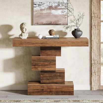 Wooden console table with decorative items against a neutral wall.