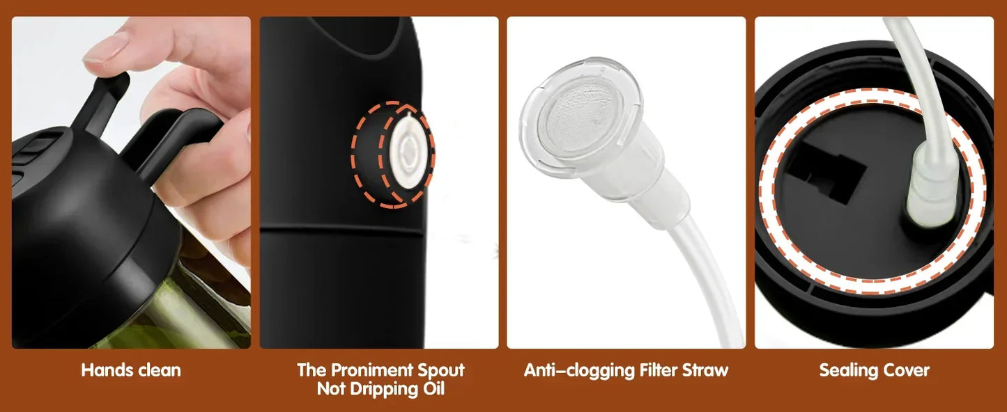 Collage of a black kitchen tool with features highlighted, including a prominent spout, anti-clogging filter straw, sealing cover, and hands cleaning.