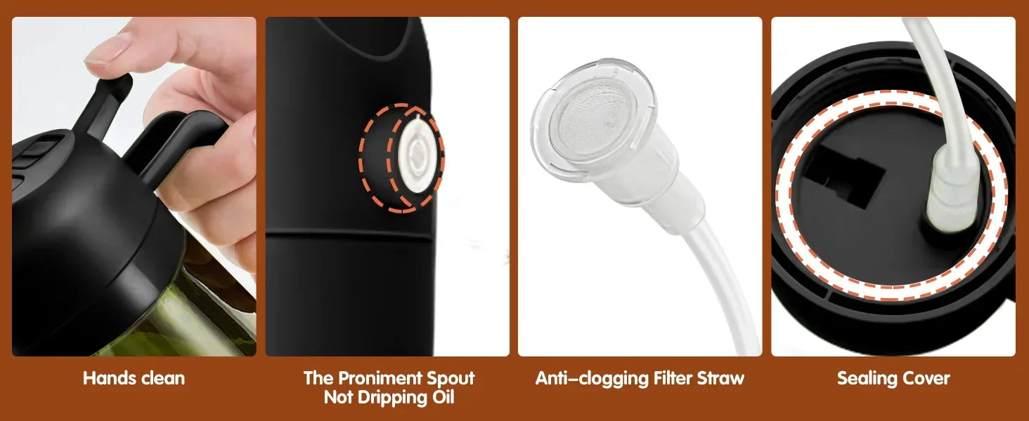 Collage of a black kitchen tool with features highlighted, including a prominent spout, anti-clogging filter straw, sealing cover, and hands cleaning.