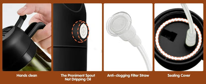 Collage of a black kitchen tool with features highlighted, including a prominent spout, anti-clogging filter straw, sealing cover, and hands cleaning.
