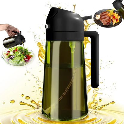 Oil and vinegar dispenser with olive oil being poured into a salad, surrounded by splashes of oil.