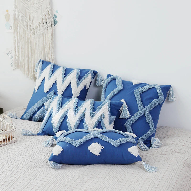 Blue Tufted Geometry Throw Pillow Cover