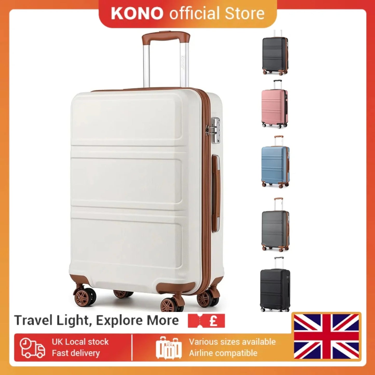 White suitcase with brown handle and wheels on a white background, featuring KONO branding.