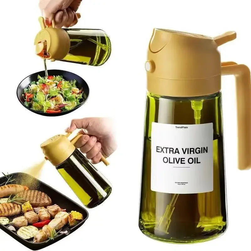 Yellow olive oil dispenser being used on a salad and grilled food with 'Extra Virgin Olive Oil' label.
