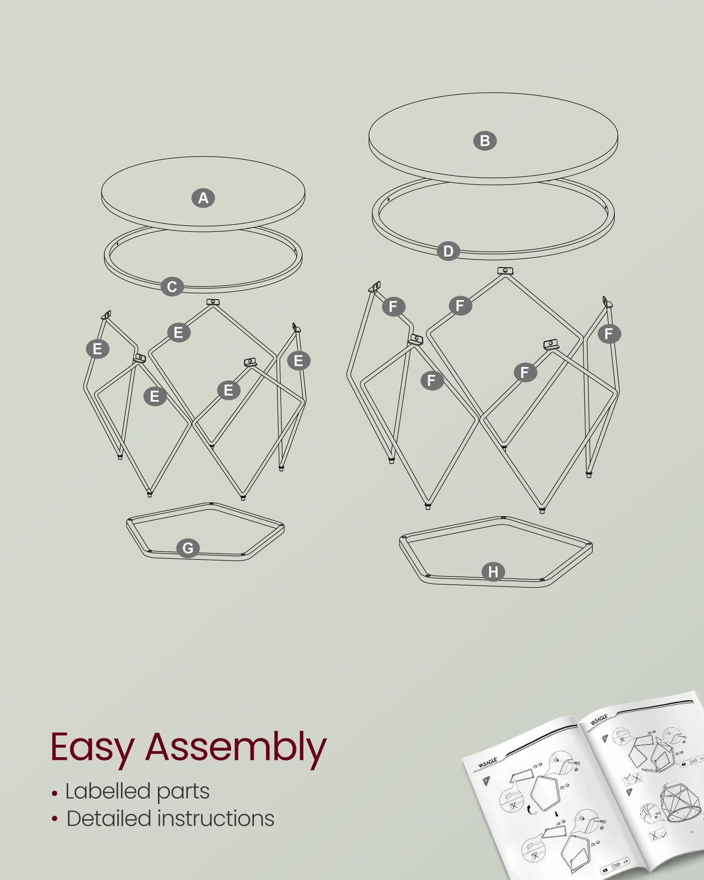 VASAGLE Round Coffee Table, Set of 2