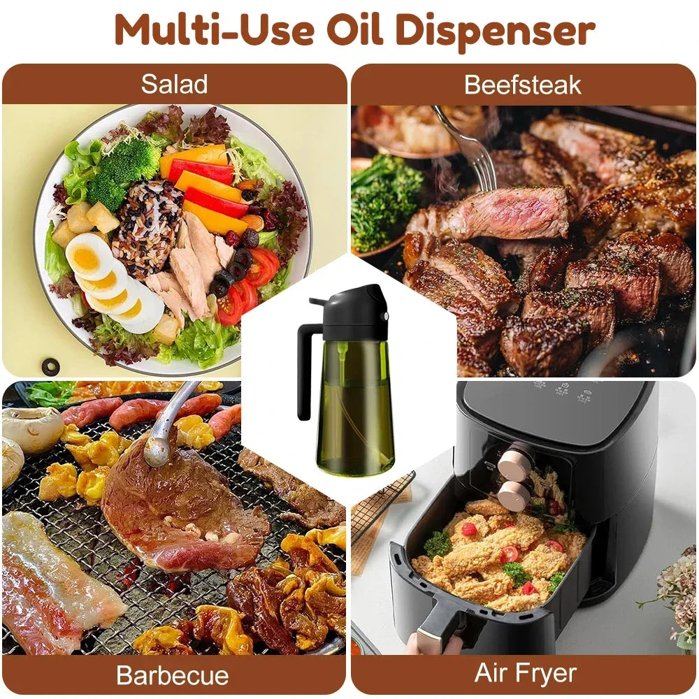 Multi-use oil dispenser with images of salad, beefsteak, barbecue, and air fryer usage.