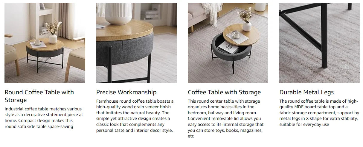 Round coffee table with storage, precise workmanship, coffee table with storage, durable metal legs.