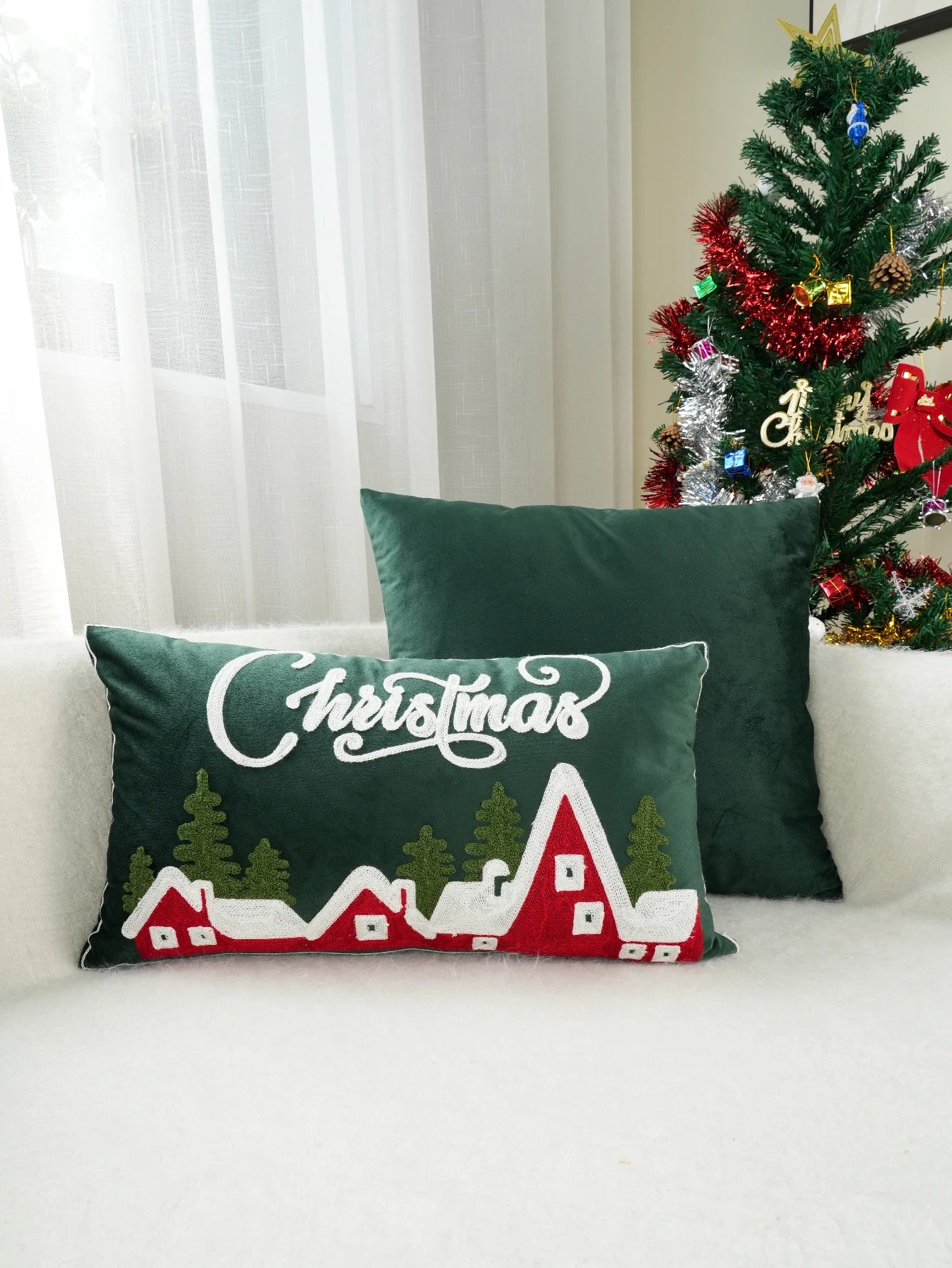 Green Velvet Embroidery Christmas Pillow Case