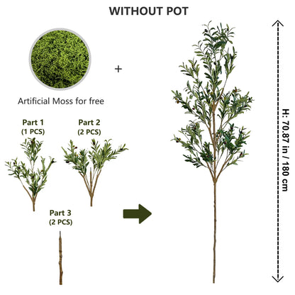 Artificial plant assembly diagram without pot, showing parts and dimensions.