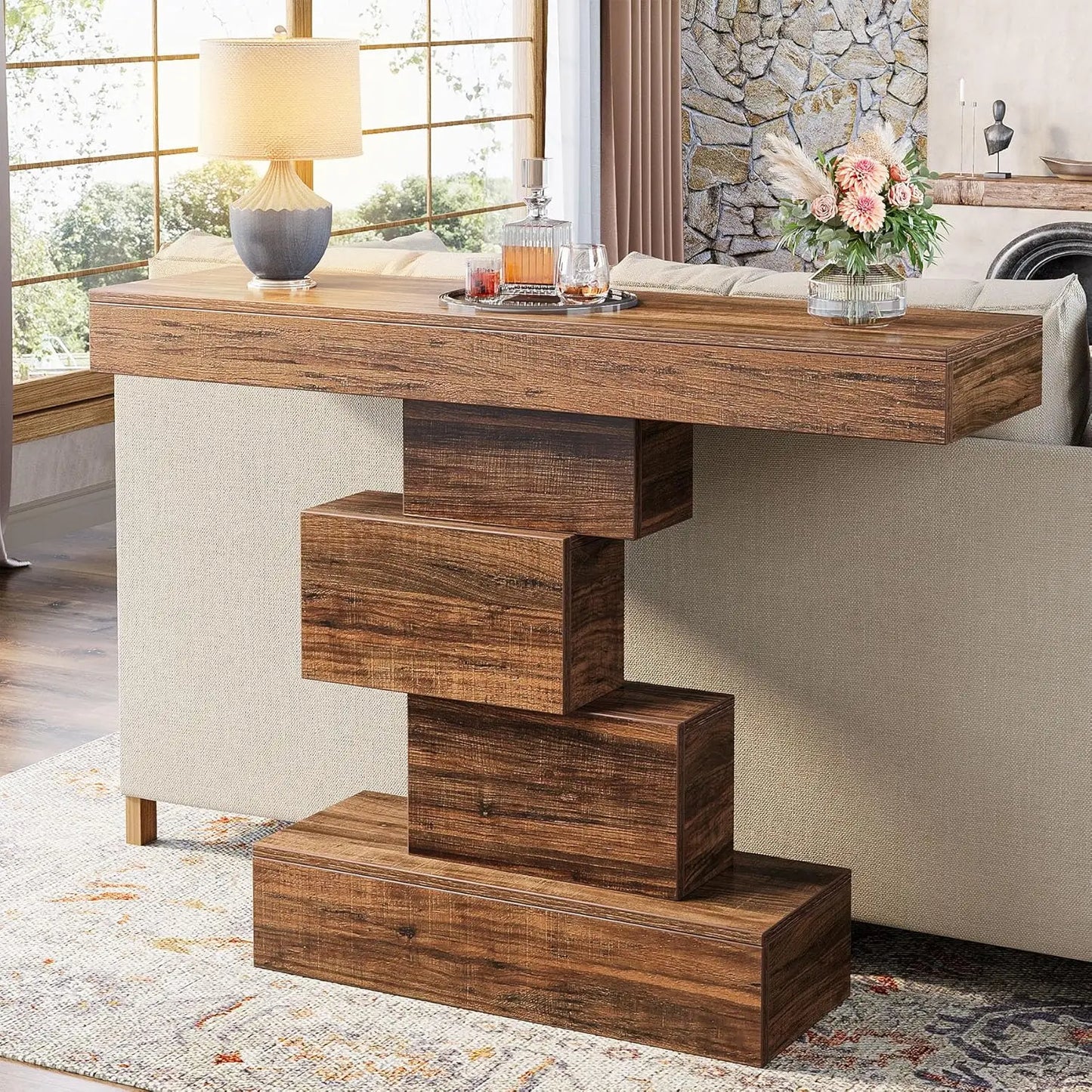 Wooden console table in a living room setting with decor items.