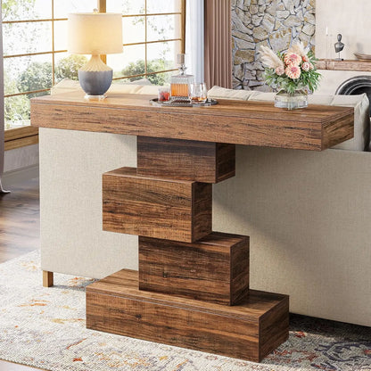 Wooden console table in a living room setting with decor items.