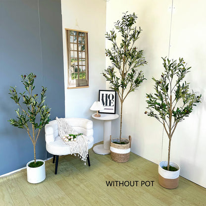 Three potted plants in a room with a chair and table.