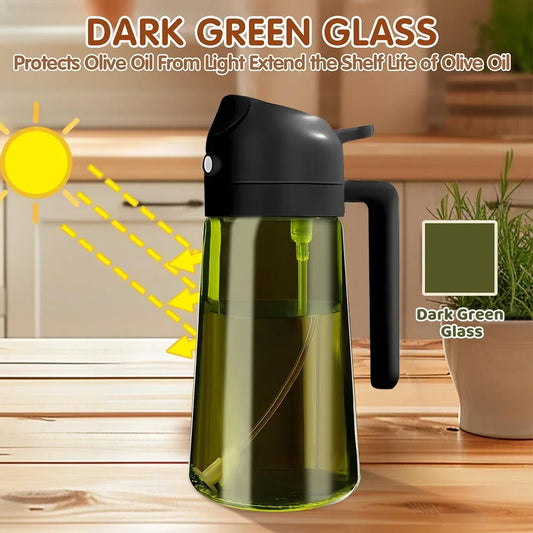 Dark green glass container with black lid on a wooden surface, highlighting its use to protect olive oil from light.