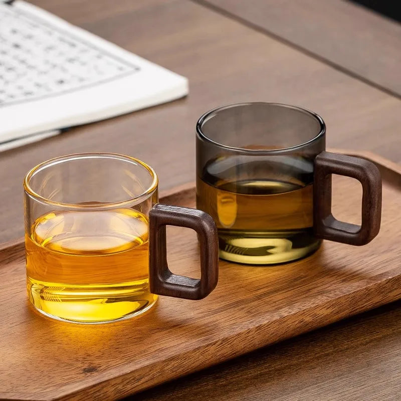 Glass Tea Cup With Walnut Handle