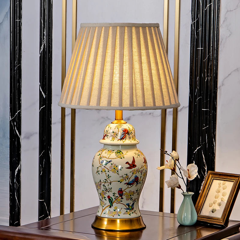 Magpie Chinese Flower And Bird Ceramic Table Lamp