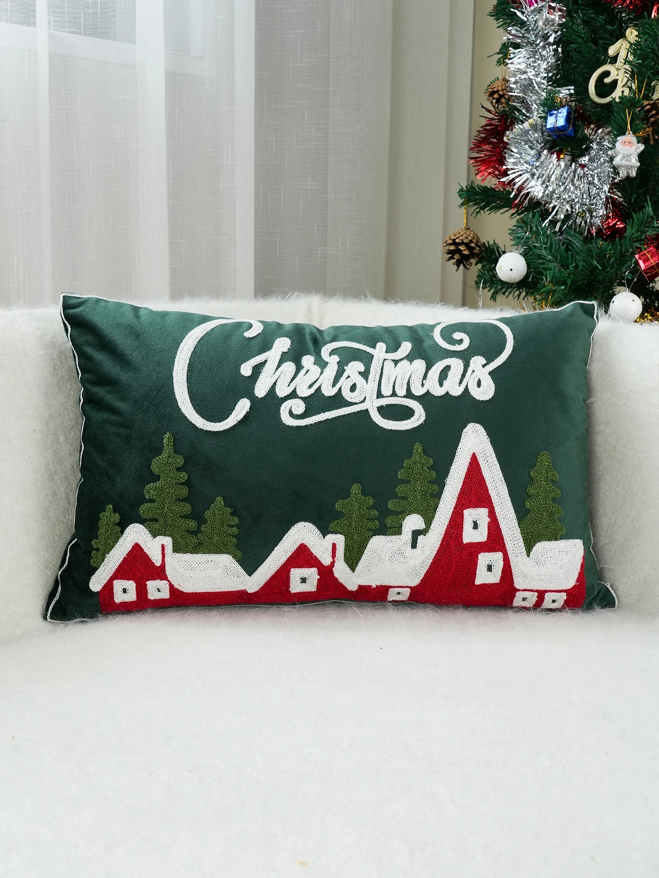 Green Velvet Embroidery Christmas Pillow Case