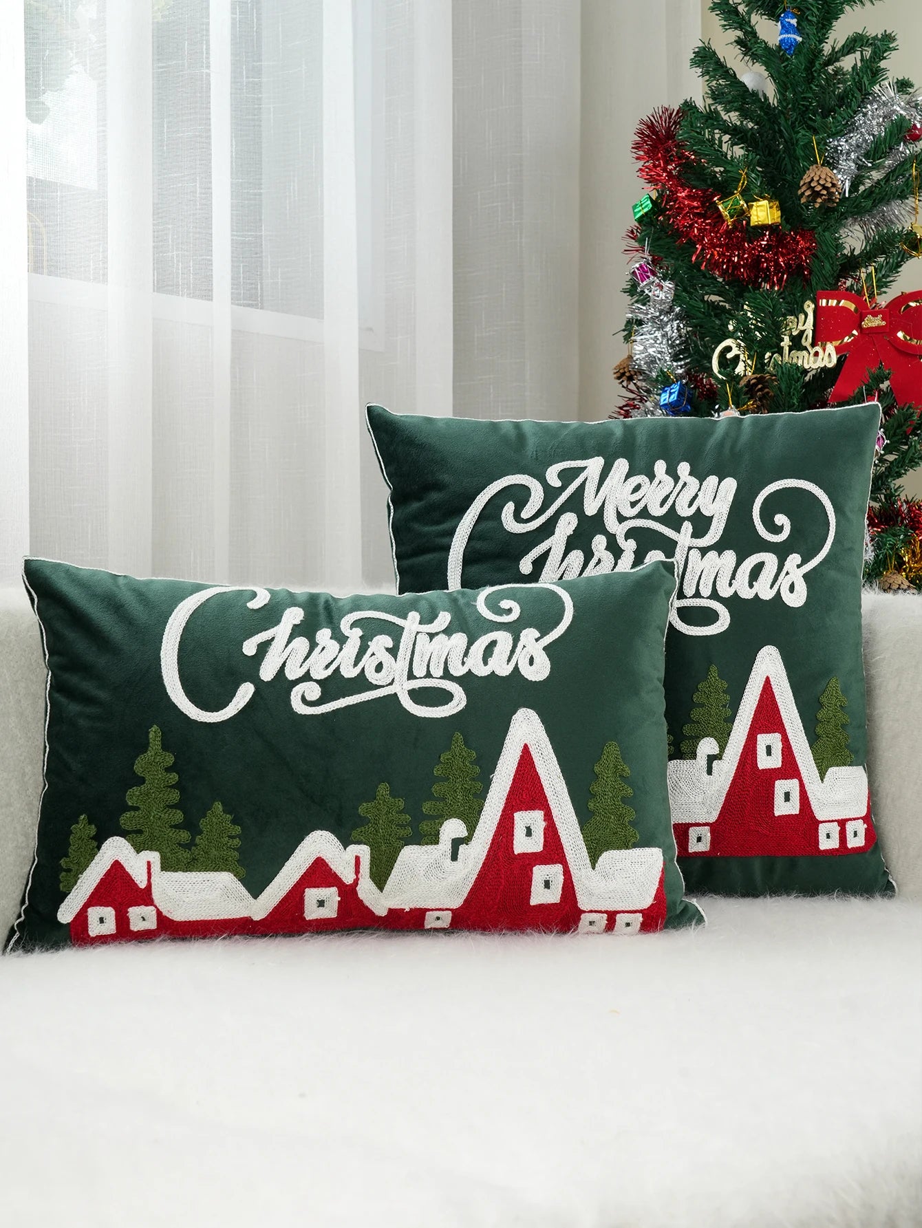 Green Velvet Embroidery Christmas Pillow Case