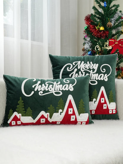 Green Velvet Embroidery Christmas Pillow Case