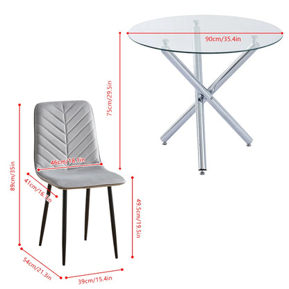 BonChoice 5Pcs Round Glass Dining Table with 4 Velvet Padded Chairs
