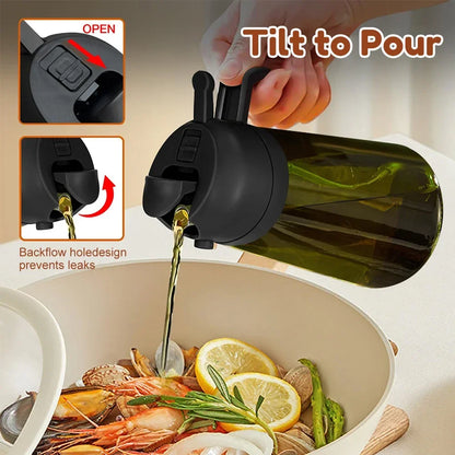 Oil bottle with a pouring mechanism being used over a dish of food.
