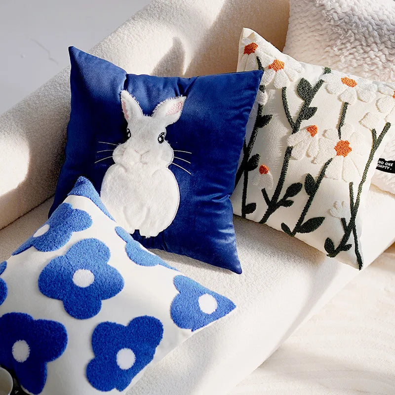 Blue Cute & Floral Throw Pillow Cover