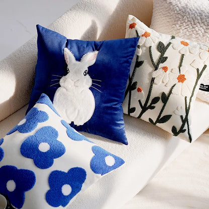 Blue Cute & Floral Throw Pillow Cover