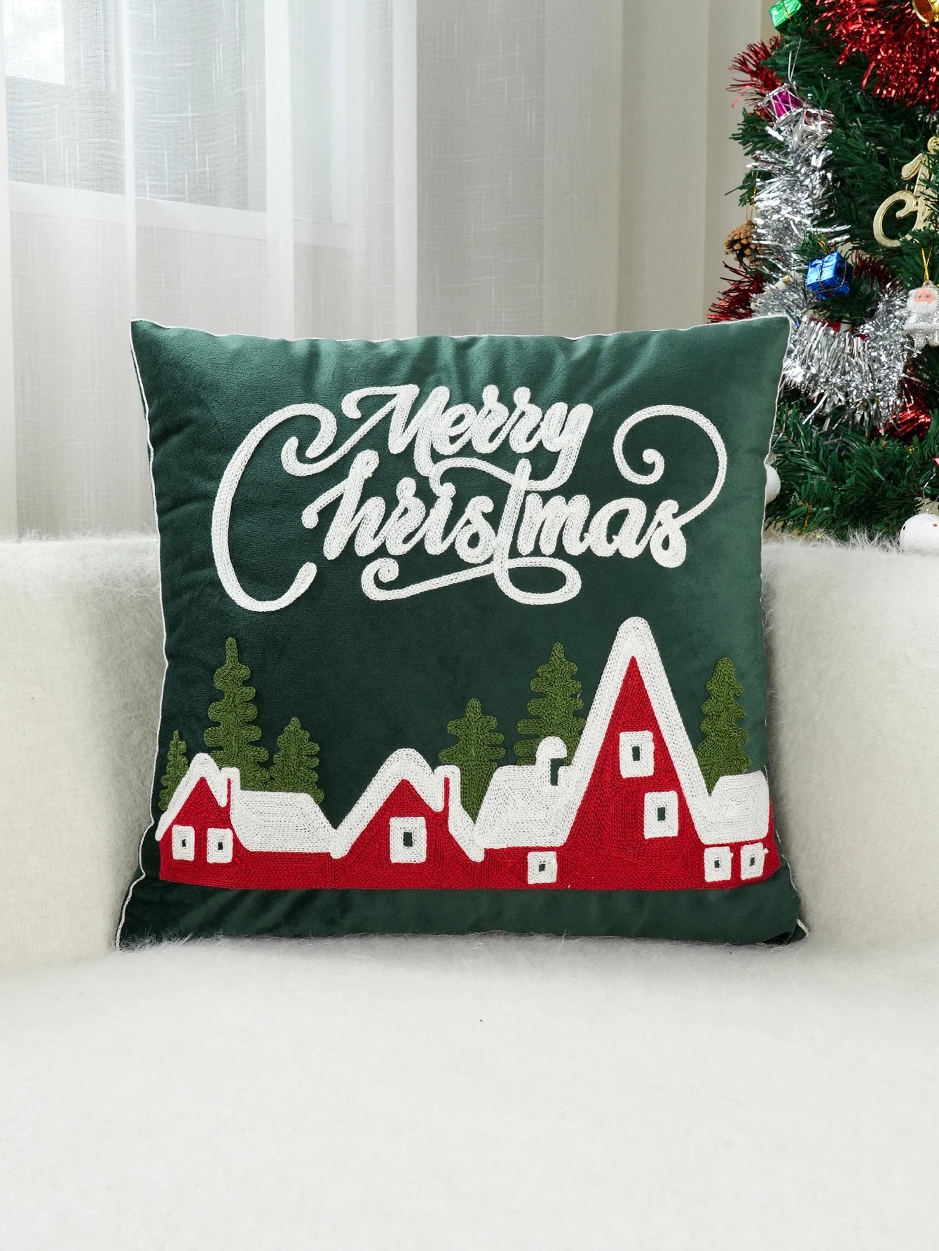 Green Velvet Embroidery Christmas Pillow Case