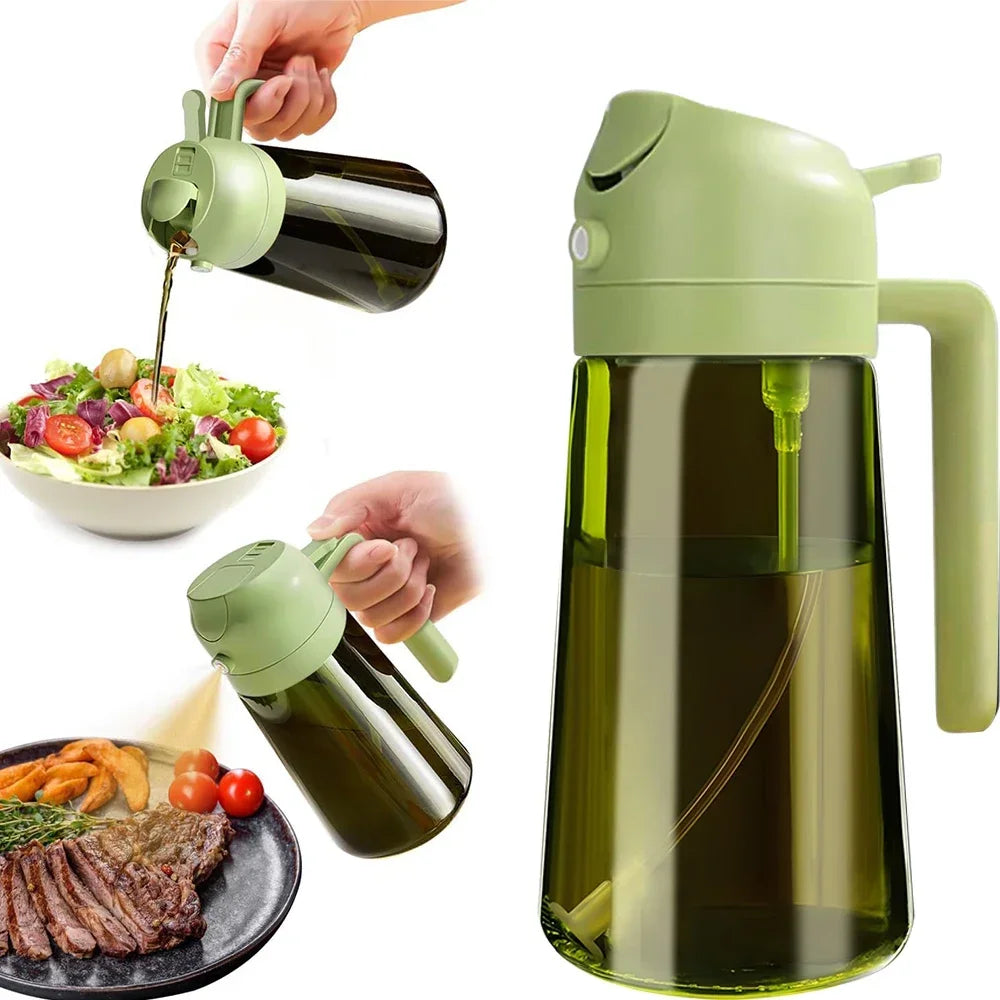 Green oil dispenser being used to drizzle oil over a salad and steak on a white background