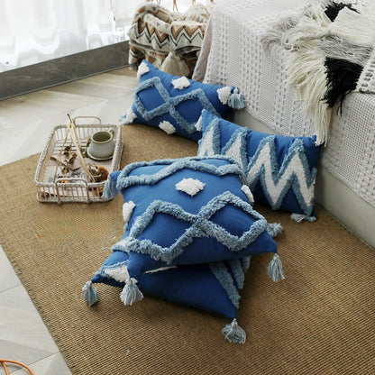 Blue Tufted Geometry Throw Pillow Cover