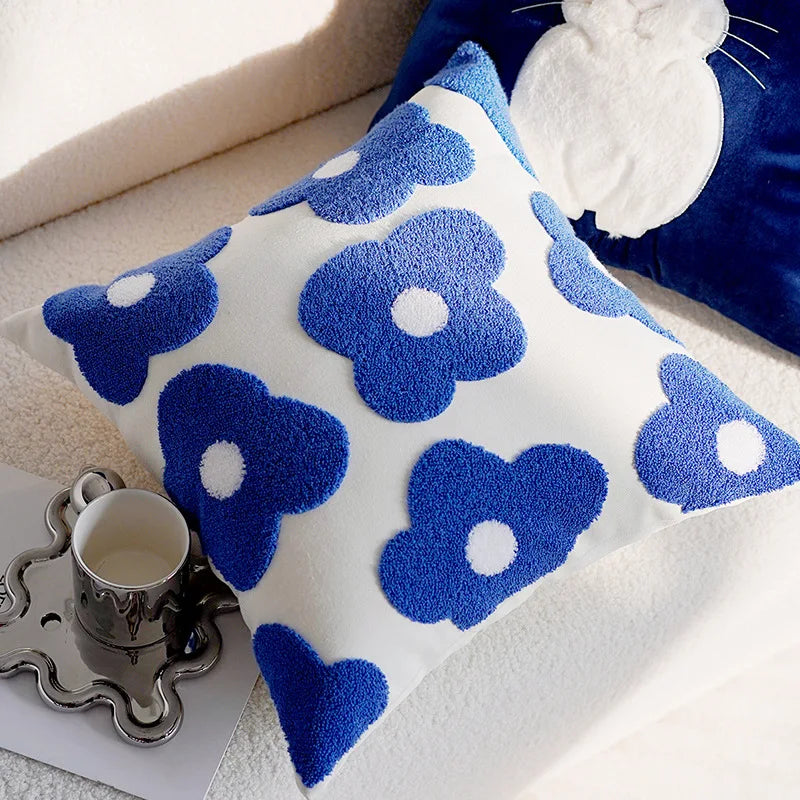 Blue Cute & Floral Throw Pillow Cover