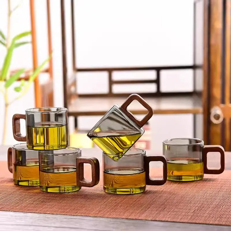 Glass Tea Cup With Walnut Handle