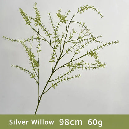 Artificial silver willow branch on a light gray background with text indicating length and weight.