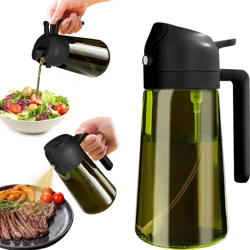 Green oil dispenser with black lid being used over a salad and steak, on a white background.
