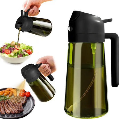 Green oil dispenser with black lid being used over a salad and steak, on a white background.