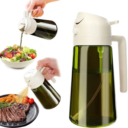 Oil dispenser being used to drizzle oil over a salad and steak on a white background