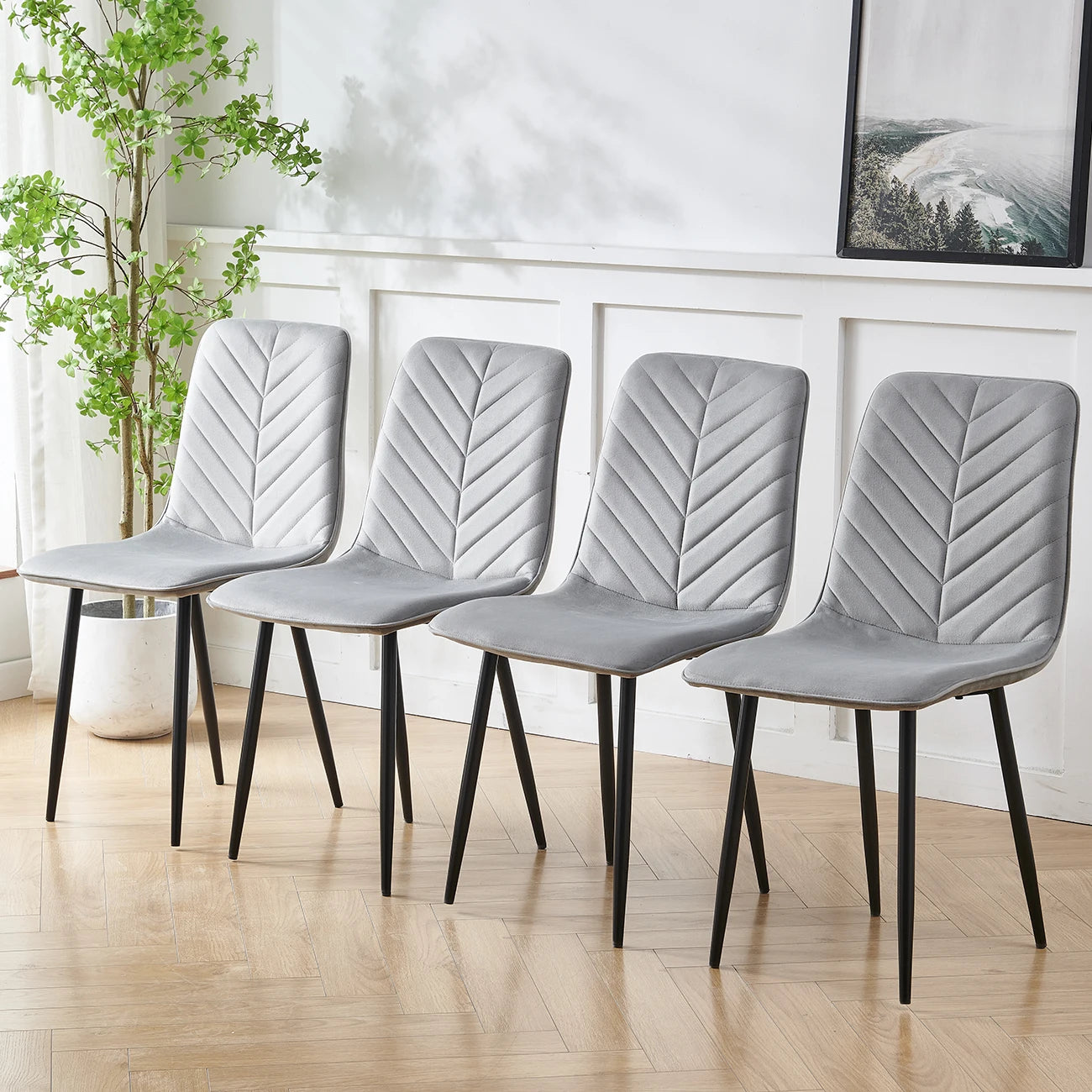 BonChoice 5Pcs Round Glass Dining Table with 4 Velvet Padded Chairs