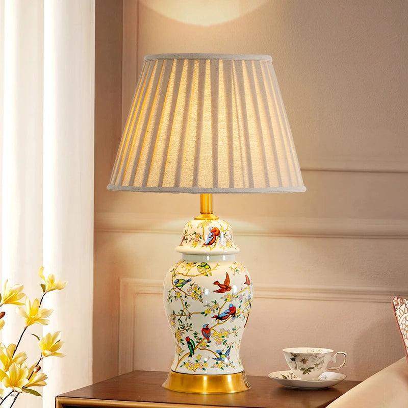 Magpie Chinese Flower And Bird Ceramic Table Lamp