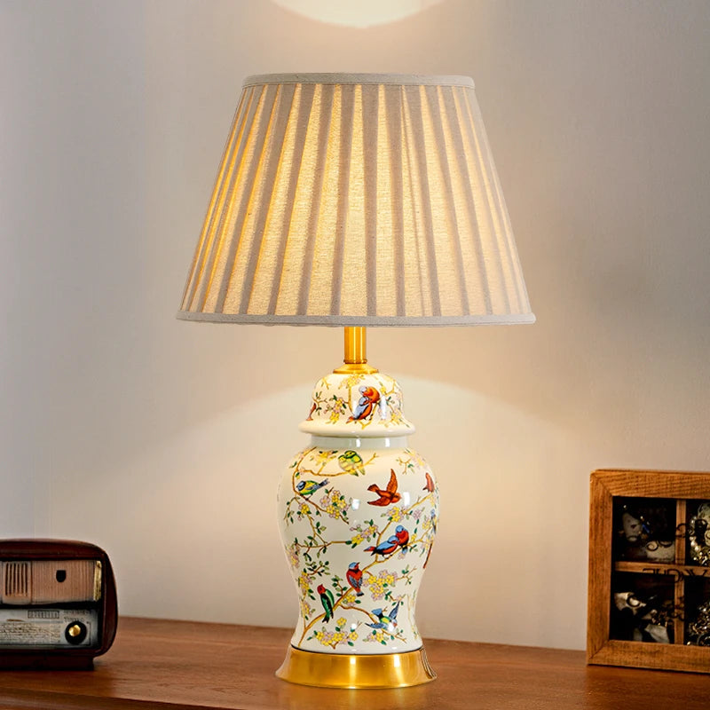 Magpie Chinese Flower And Bird Ceramic Table Lamp
