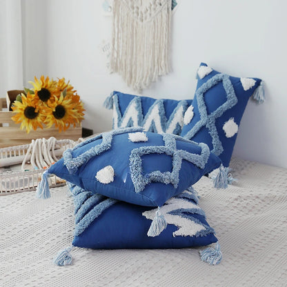 Blue Tufted Geometry Throw Pillow Cover