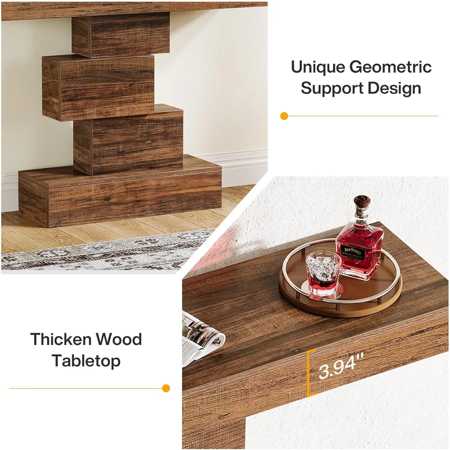 Wooden display stand with geometric design and thick wood tabletop, featuring a decanter and glasses.